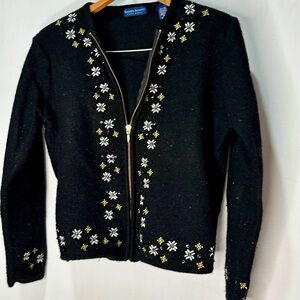 Karen Scott Black Sweater with White and Gold Floral Design